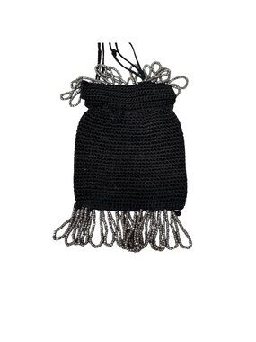 Vintage Black Crochet Drawstring Pouch Seed Bead Beaded Fringe 3x4 Coin Pouch
